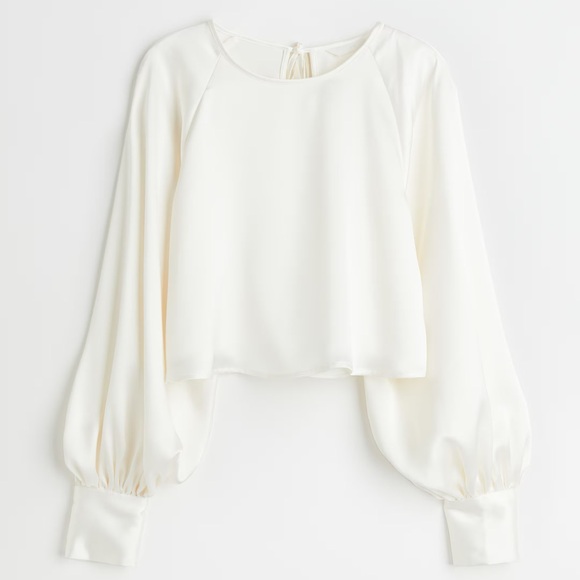 H&M white satin bishop sleeve crop top - Picture 1 of 4